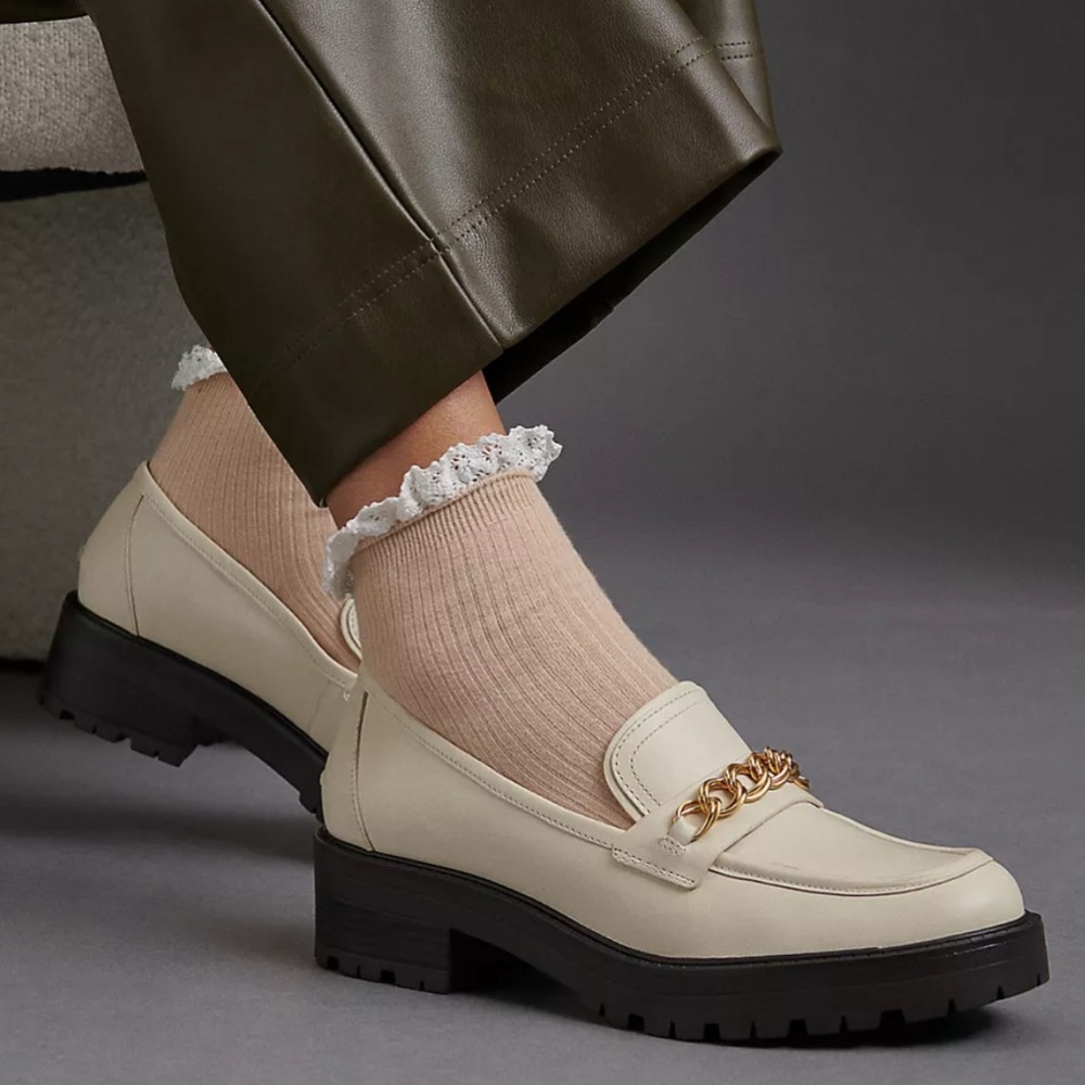 Sam Edelman Taelor Chunky Leather Loafers | Cream and Gold with Chain Detail
